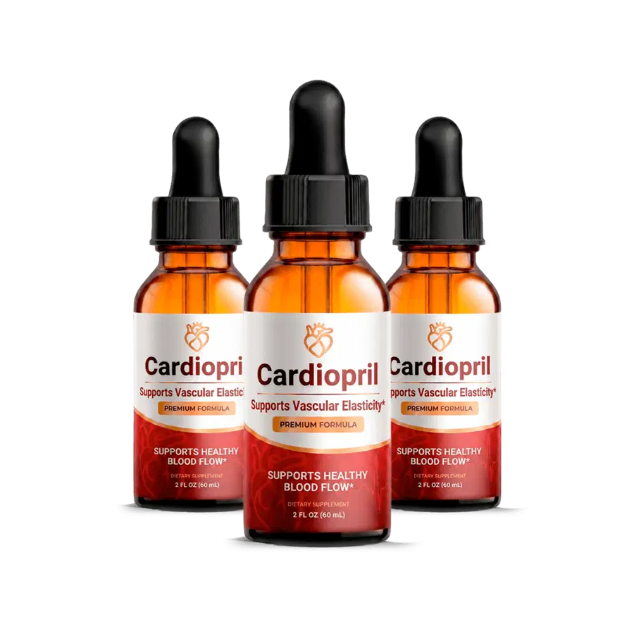 Three 2 fl oz (60 ml) bottles of Cardiopril liquid dietary supplement with black dropper caps and red and white labels